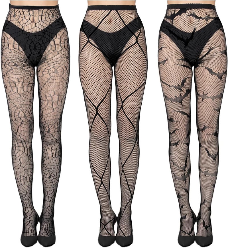 AIBFRID 3 Packs Halloween Pattern Tights for Women Black Lace Tights Fishnet Stockings Gothic Party Hosiery - Image 1